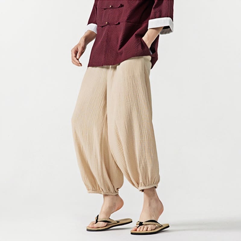 Pantalones de algodón con cordón ajustable de color liso y suave con Buddha Stones para hombre con bolsillos - image 1