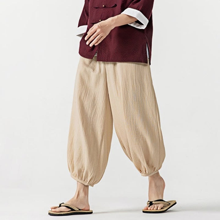 Pantalones de algodón con cordón ajustable de color liso y suave con Buddha Stones para hombre con bolsillos - image 4