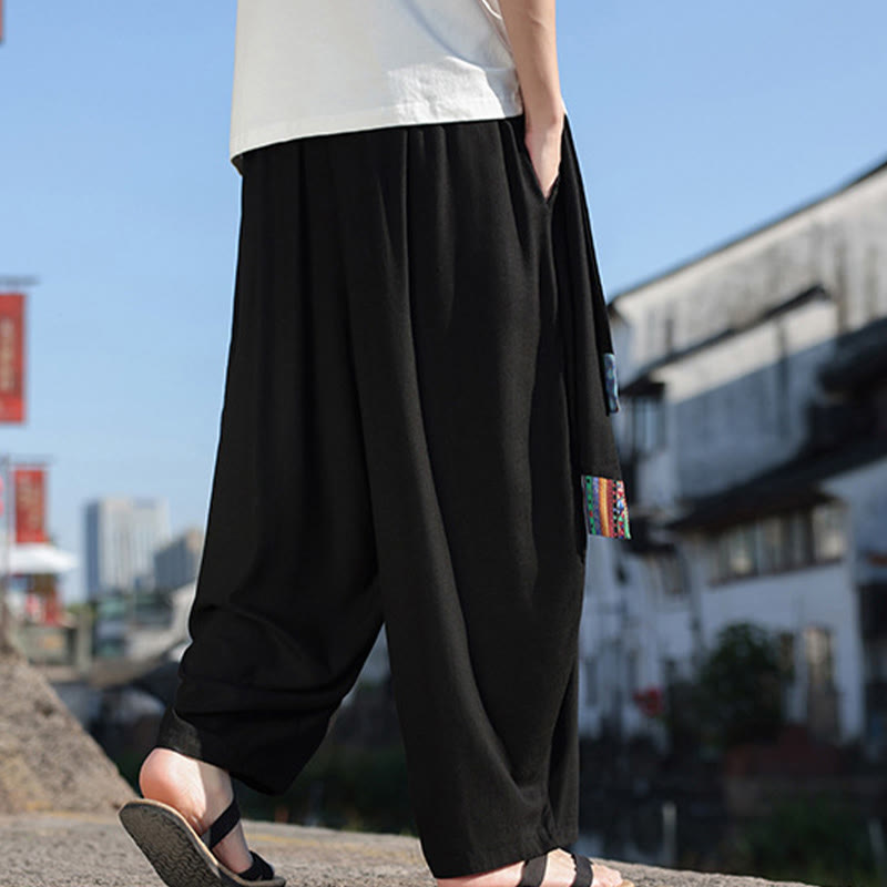 Pantalones anchos de algodón suave con cordón y bolsillos para hombre, con diseño de patchwork sencillo y Buddha Stones