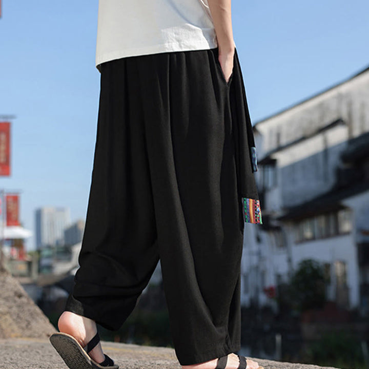 Pantalones anchos de algodón suave con cordón y bolsillos para hombre, con diseño de patchwork sencillo y Buddha Stones
