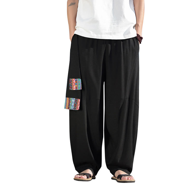 Pantalones anchos de algodón suave con cordón y bolsillos para hombre, con diseño de patchwork sencillo y Buddha Stones