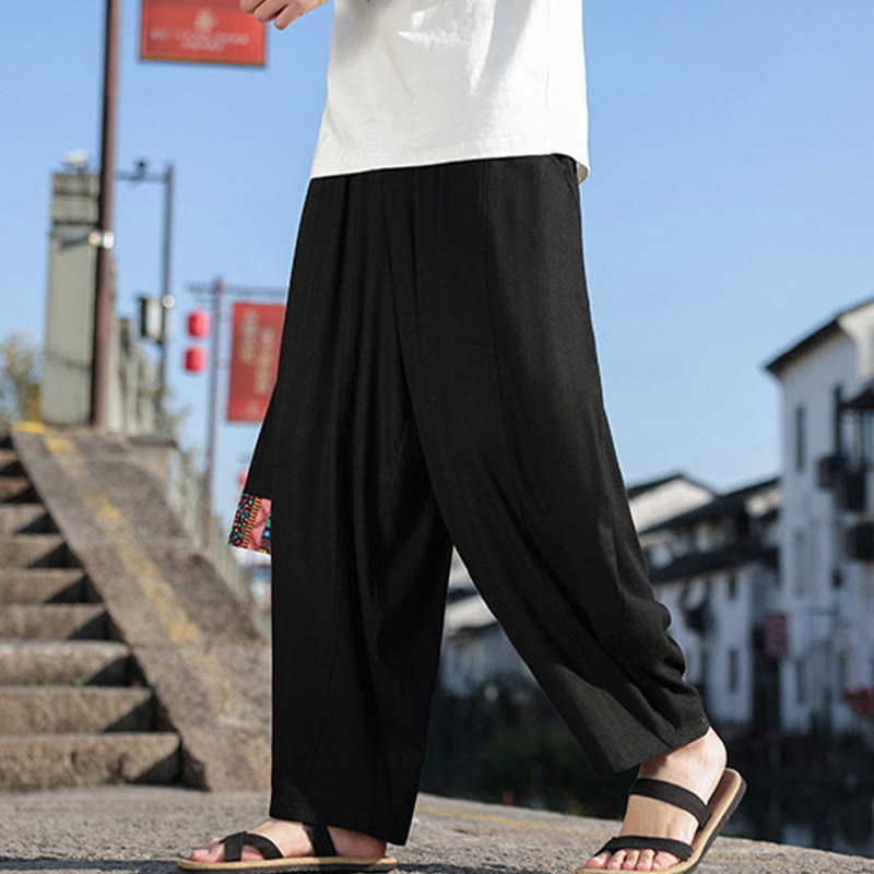 Pantalones anchos de algodón suave con cordón y bolsillos para hombre, con diseño de patchwork sencillo y Buddha Stones