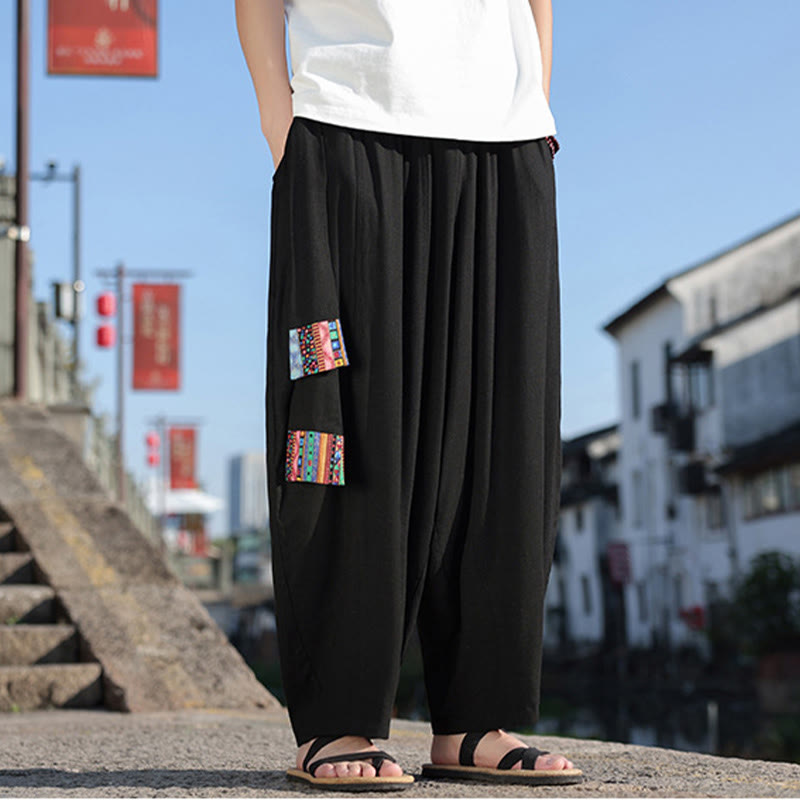 Pantalones anchos de algodón suave con cordón y bolsillos para hombre, con diseño de patchwork sencillo y Buddha Stones