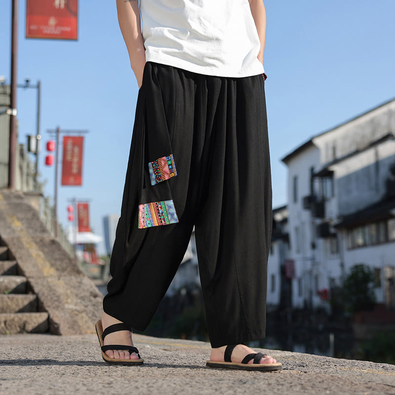 Pantalones anchos de algodón suave con cordón y bolsillos para hombre, con diseño de patchwork sencillo y Buddha Stones