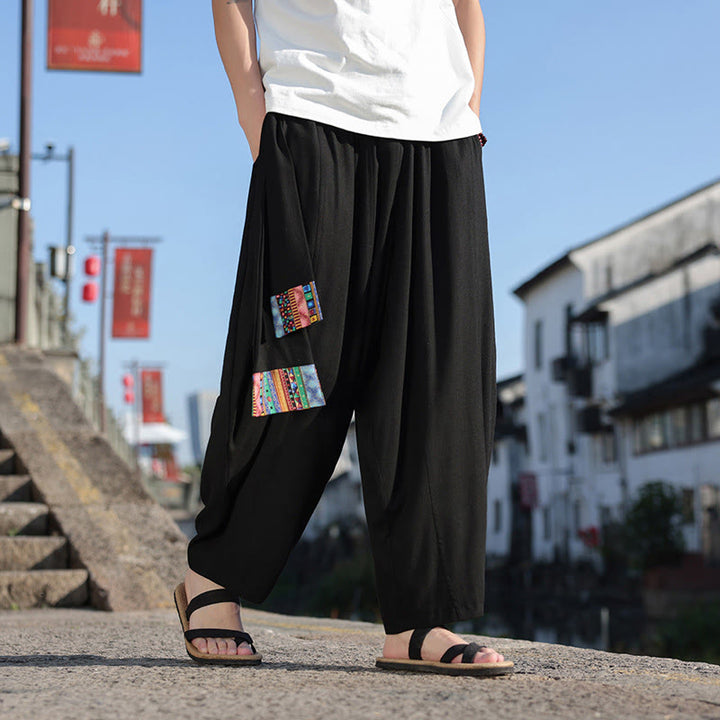 Pantalones anchos de algodón suave con cordón y bolsillos para hombre, con diseño de patchwork sencillo y Buddha Stones