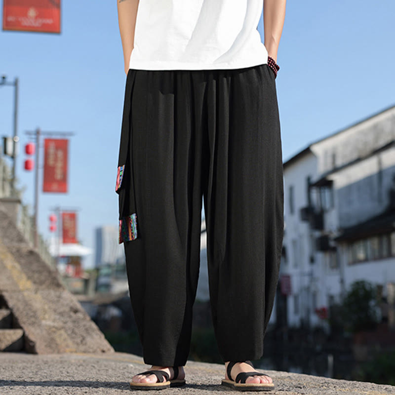 Pantalones anchos de algodón suave con cordón y bolsillos para hombre, con diseño de patchwork sencillo y Buddha Stones