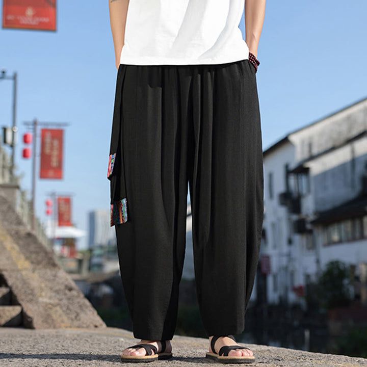 Pantalones anchos de algodón suave con cordón y bolsillos para hombre, con diseño de patchwork sencillo y Buddha Stones - image 18