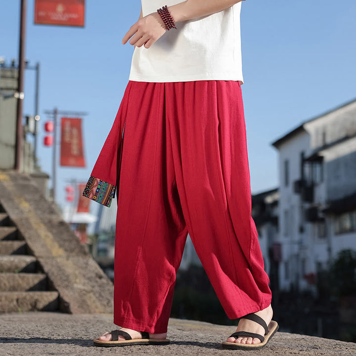 Pantalones anchos de algodón suave con cordón y bolsillos para hombre, con diseño de patchwork sencillo y Buddha Stones