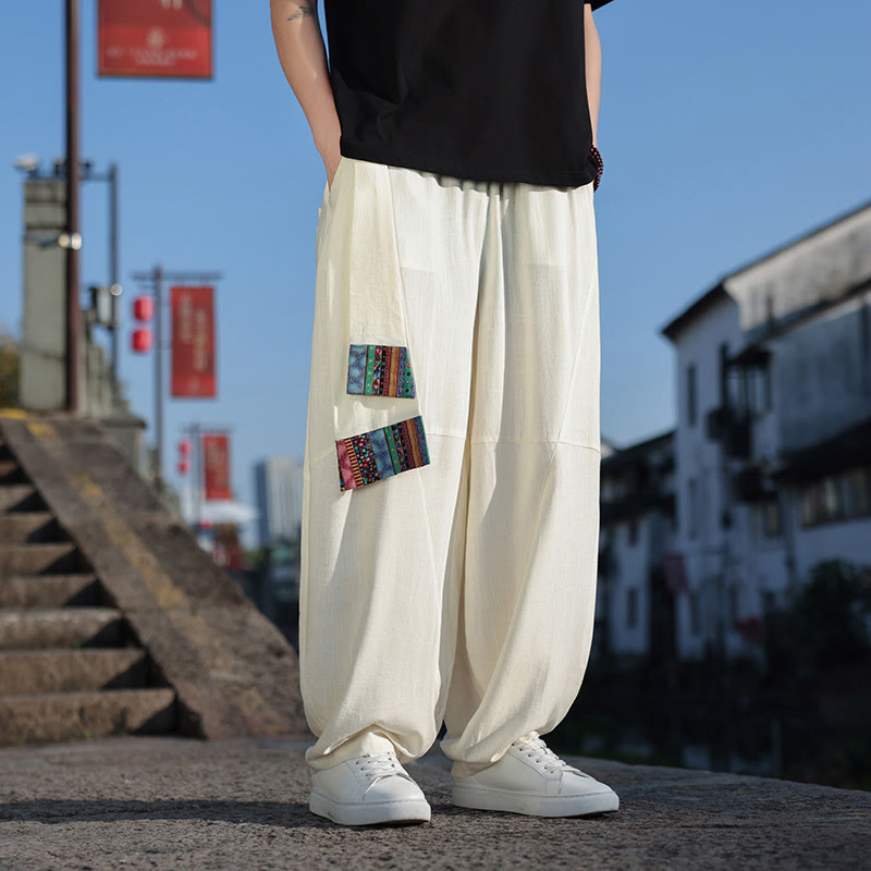 Pantalones anchos de algodón suave con cordón y bolsillos para hombre, con diseño de patchwork sencillo y Buddha Stones