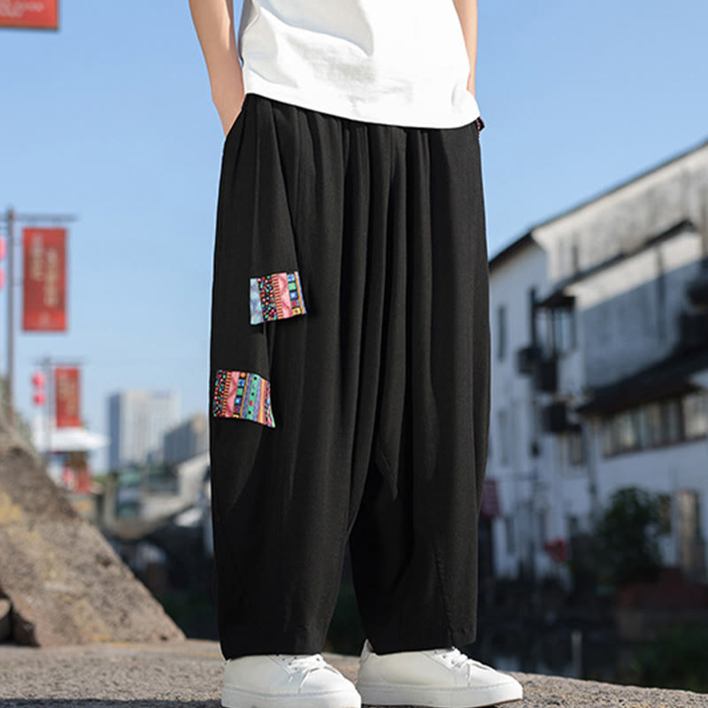 Pantalones anchos de algodón suave con cordón y bolsillos para hombre, con diseño de patchwork sencillo y Buddha Stones