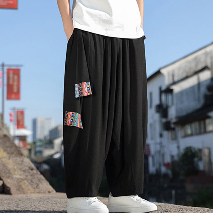 Pantalones anchos de algodón suave con cordón y bolsillos para hombre, con diseño de patchwork sencillo y Buddha Stones