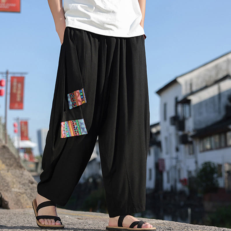 Pantalones anchos de algodón suave con cordón y bolsillos para hombre, con diseño de patchwork sencillo y Buddha Stones