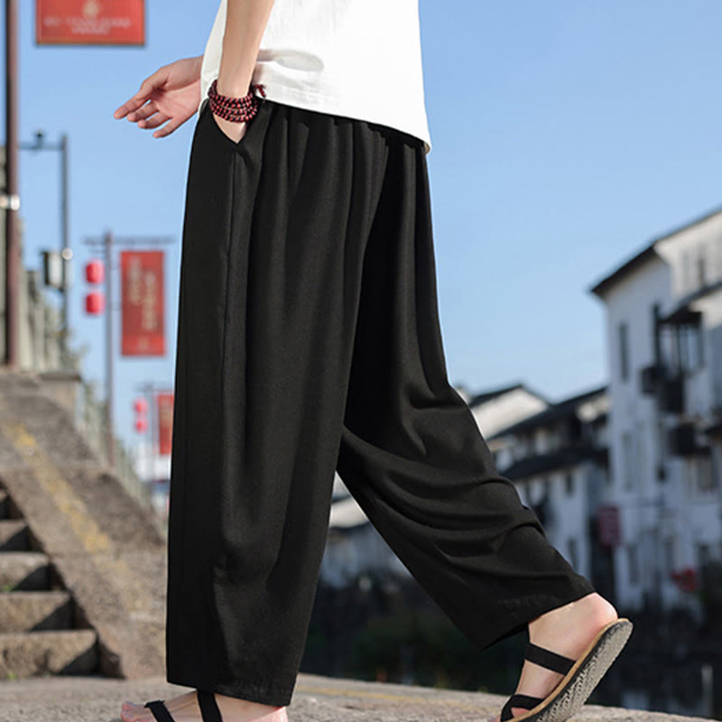 Pantalones anchos de algodón suave con cordón y bolsillos para hombre, con diseño de patchwork sencillo y Buddha Stones