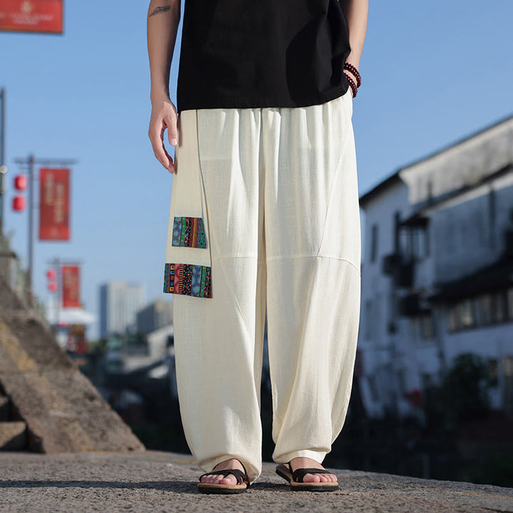 Pantalones anchos de algodón suave con cordón y bolsillos para hombre, con diseño de patchwork sencillo y Buddha Stones