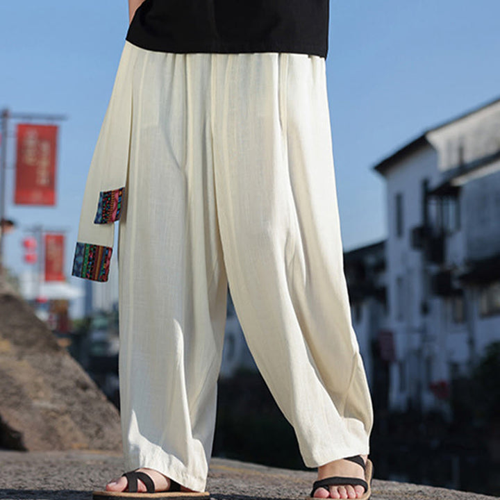 Pantalones anchos de algodón suave con cordón y bolsillos para hombre, con diseño de patchwork sencillo y Buddha Stones