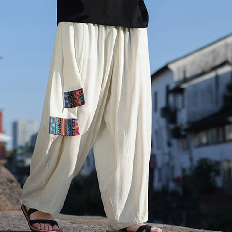 Pantalones anchos de algodón suave con cordón y bolsillos para hombre, con diseño de patchwork sencillo y Buddha Stones