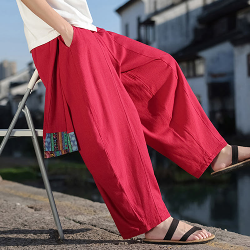 Pantalones anchos de algodón suave con cordón y bolsillos para hombre, con diseño de patchwork sencillo y Buddha Stones