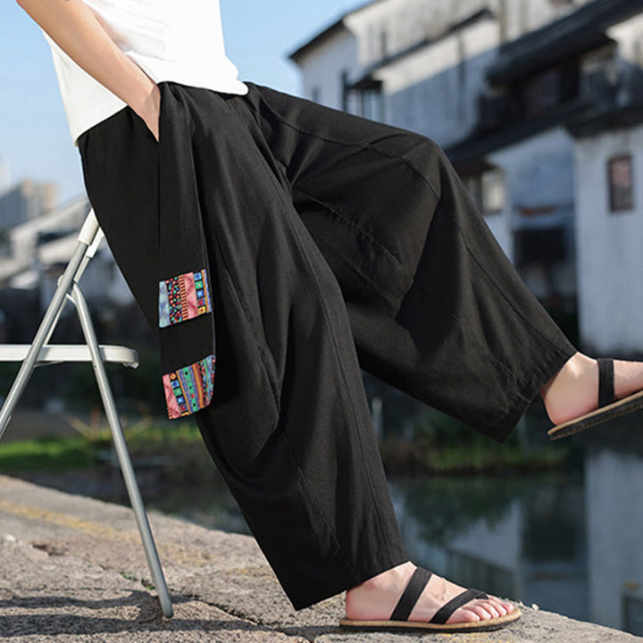 Pantalones anchos de algodón suave con cordón y bolsillos para hombre, con diseño de patchwork sencillo y Buddha Stones