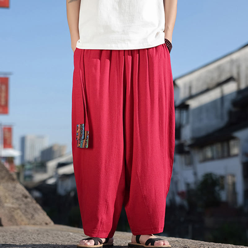 Pantalones anchos de algodón suave con cordón y bolsillos para hombre, con diseño de patchwork sencillo y Buddha Stones