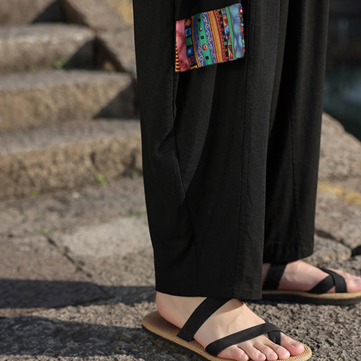Pantalones anchos de algodón suave con cordón y bolsillos para hombre, con diseño de patchwork sencillo y Buddha Stones