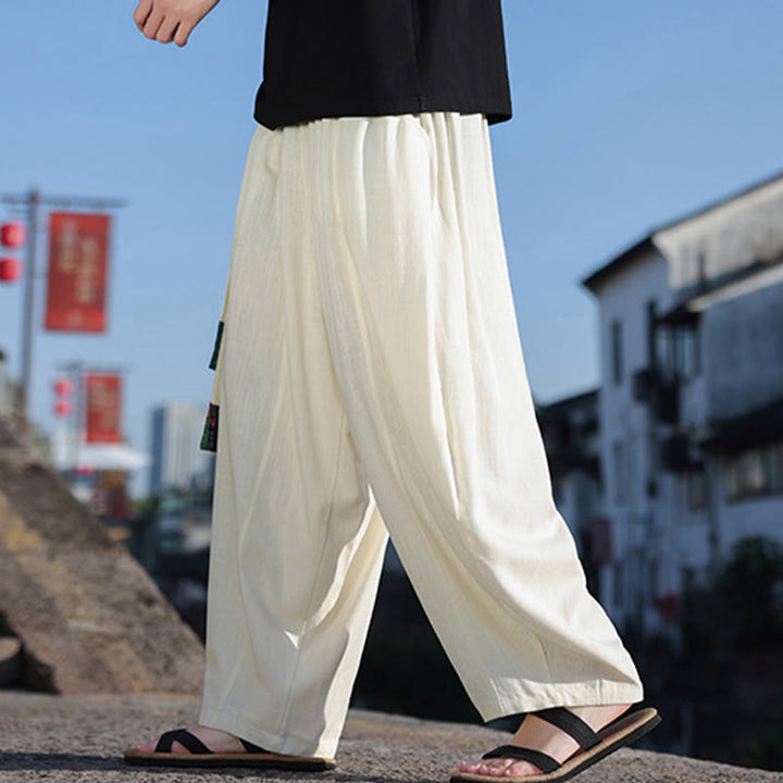 Pantalones anchos de algodón suave con cordón y bolsillos para hombre, con diseño de patchwork sencillo y Buddha Stones