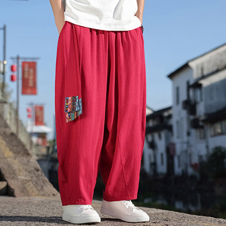 Pantalones anchos de algodón suave con cordón y bolsillos para hombre, con diseño de patchwork sencillo y Buddha Stones
