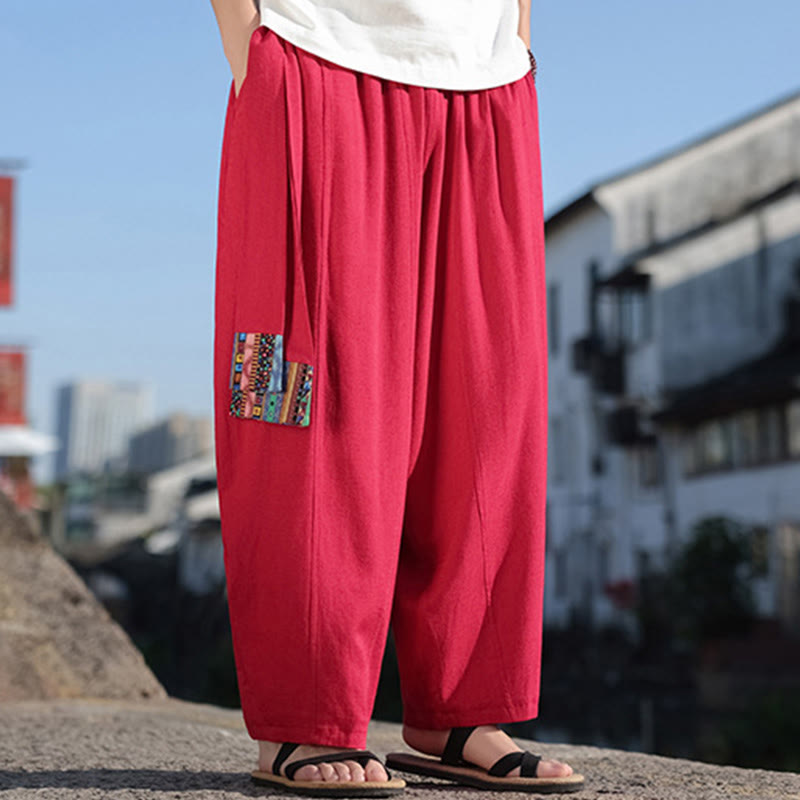 Pantalones anchos de algodón suave con cordón y bolsillos para hombre, con diseño de patchwork sencillo y Buddha Stones