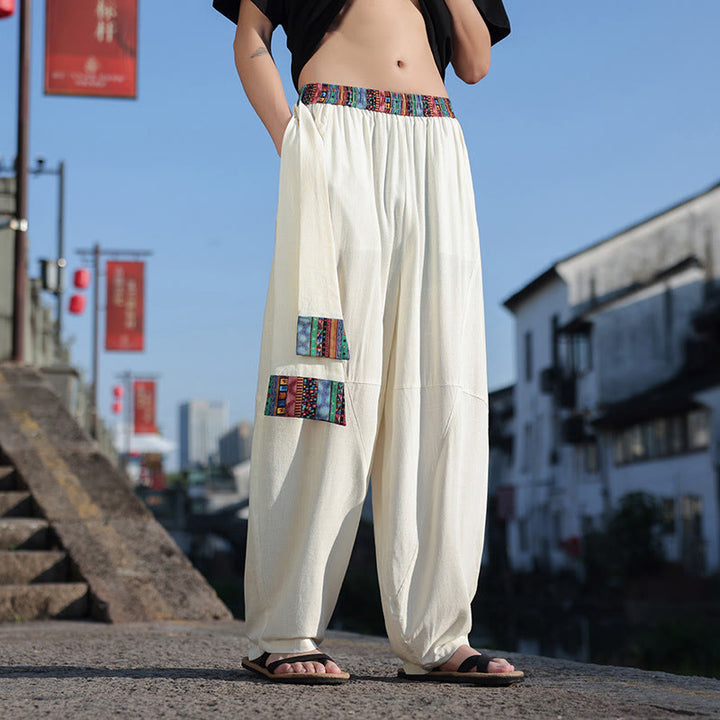 Pantalones anchos de algodón suave con cordón y bolsillos para hombre, con diseño de patchwork sencillo y Buddha Stones