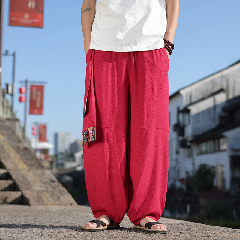 Pantalones anchos de algodón suave con cordón y bolsillos para hombre, con diseño de patchwork sencillo y Buddha Stones