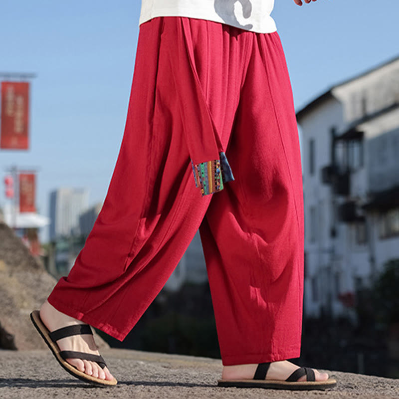 Pantalones anchos de algodón suave con cordón y bolsillos para hombre, con diseño de patchwork sencillo y Buddha Stones
