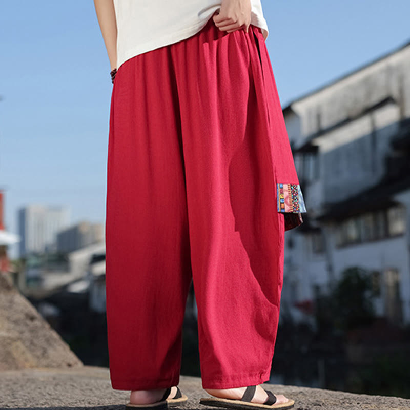 Pantalones anchos de algodón suave con cordón y bolsillos para hombre, con diseño de patchwork sencillo y Buddha Stones - image 29