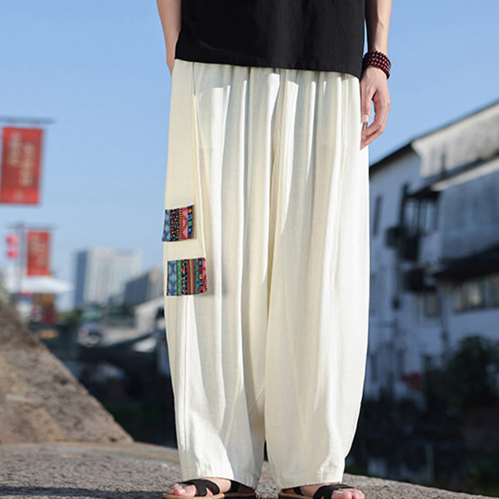 Pantalones anchos de algodón suave con cordón y bolsillos para hombre, con diseño de patchwork sencillo y Buddha Stones