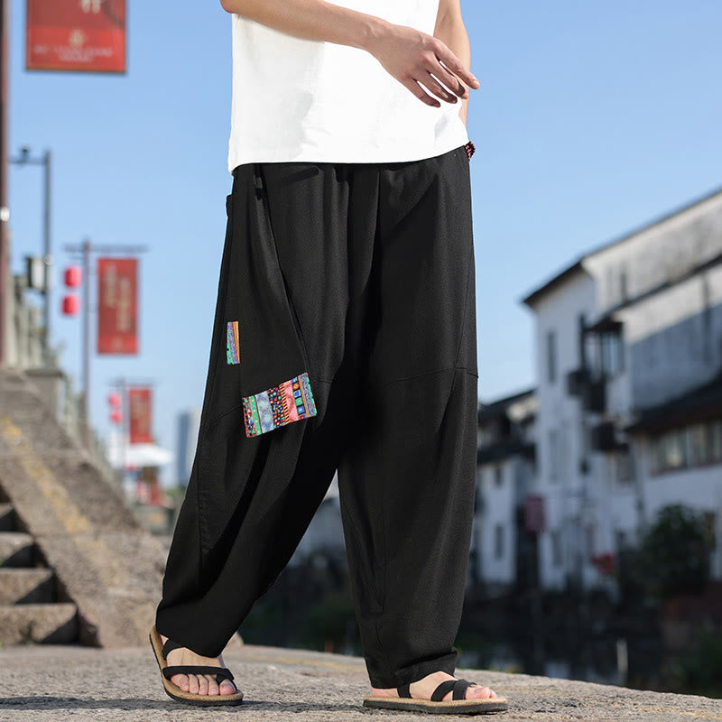 Pantalones anchos de algodón suave con cordón y bolsillos para hombre, con diseño de patchwork sencillo y Buddha Stones