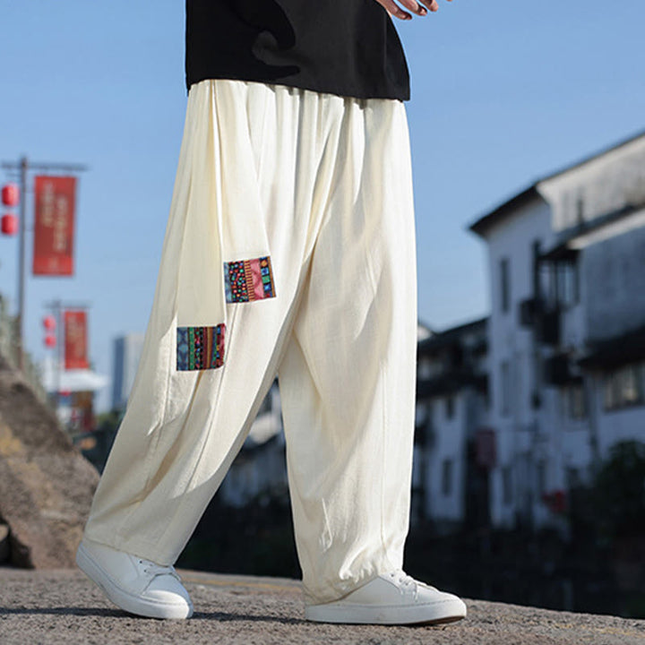 Pantalones anchos de algodón suave con cordón y bolsillos para hombre, con diseño de patchwork sencillo y Buddha Stones