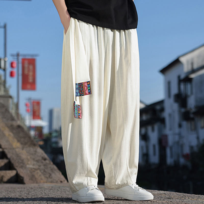Pantalones anchos de algodón suave con cordón y bolsillos para hombre, con diseño de patchwork sencillo y Buddha Stones