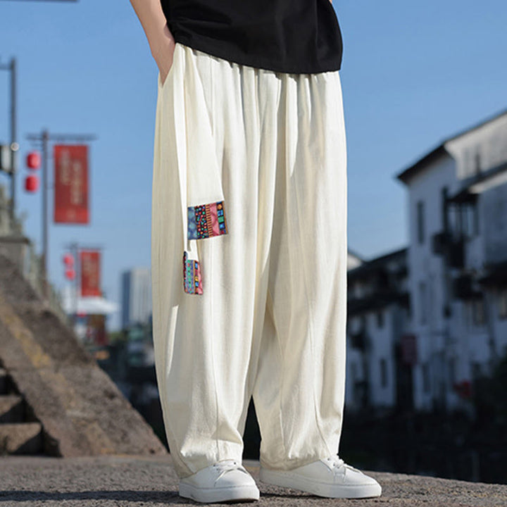 Pantalones anchos de algodón suave con cordón y bolsillos para hombre, con diseño de patchwork sencillo y Buddha Stones
