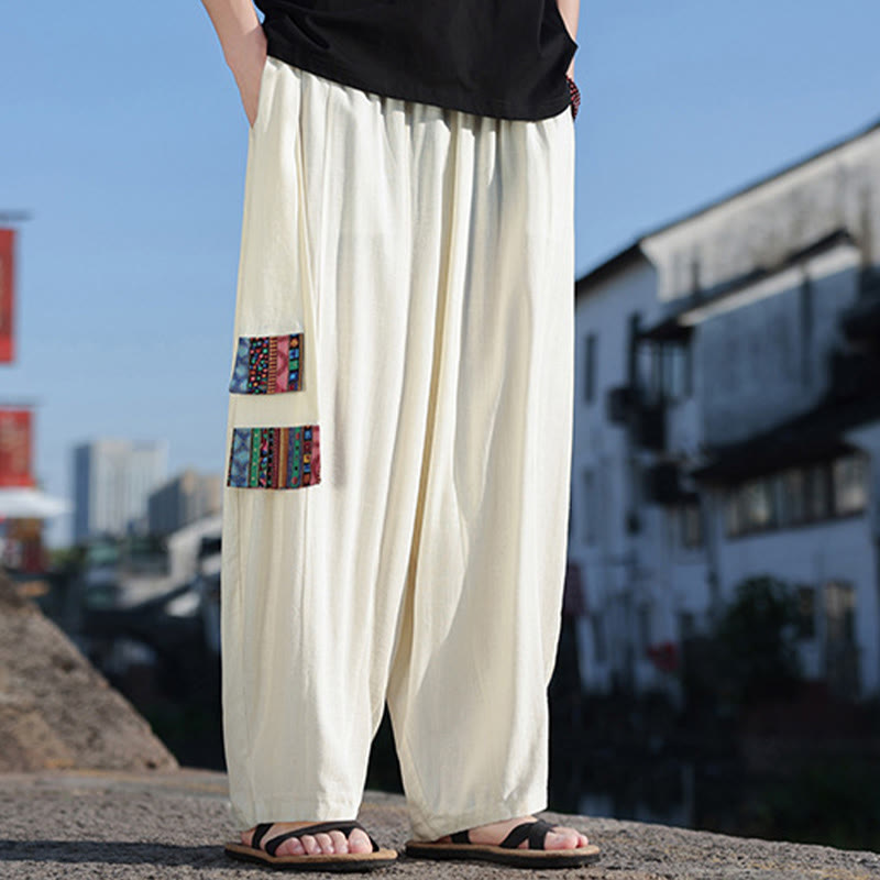 Pantalones anchos de algodón suave con cordón y bolsillos para hombre, con diseño de patchwork sencillo y Buddha Stones