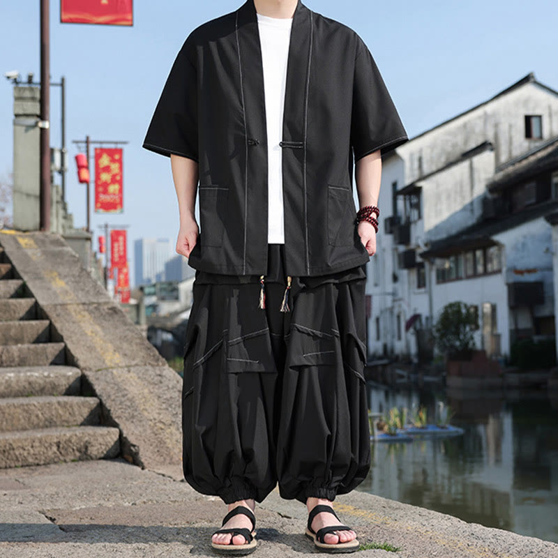 Chaqueta kimono de algodón con botones de rana negros para hombre, pantalones anchos con cordón y bolsillos, 2 Buddha Stones - Negro - US/UK/AU46, EU56 (5XL) - image 0