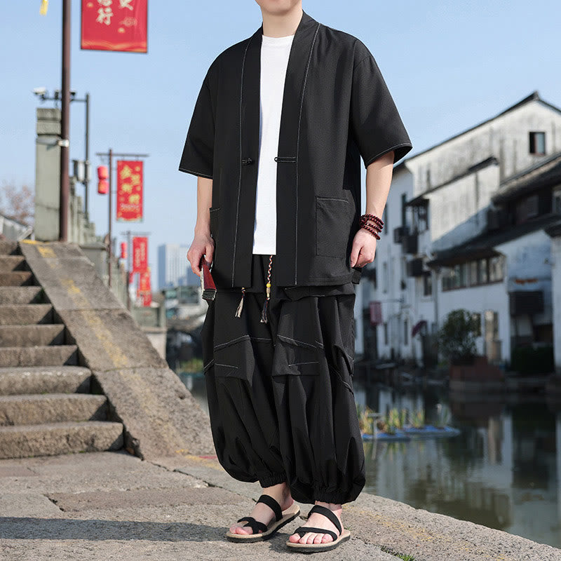 Chaqueta kimono de algodón con botones de rana negros para hombre, pantalones anchos con cordón y bolsillos, 2 Buddha Stones - image 3