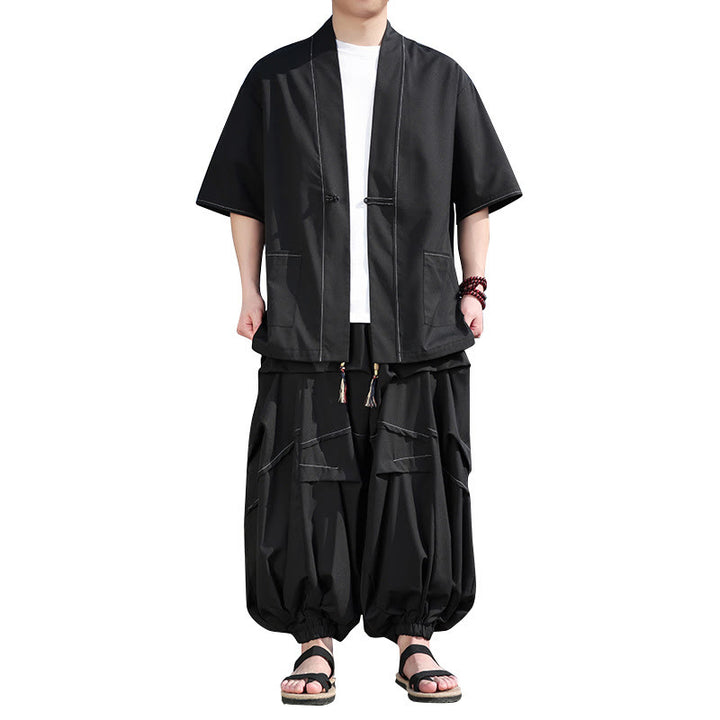 Chaqueta kimono de algodón con botones de rana negros para hombre, pantalones anchos con cordón y bolsillos, 2 Buddha Stones - image 5