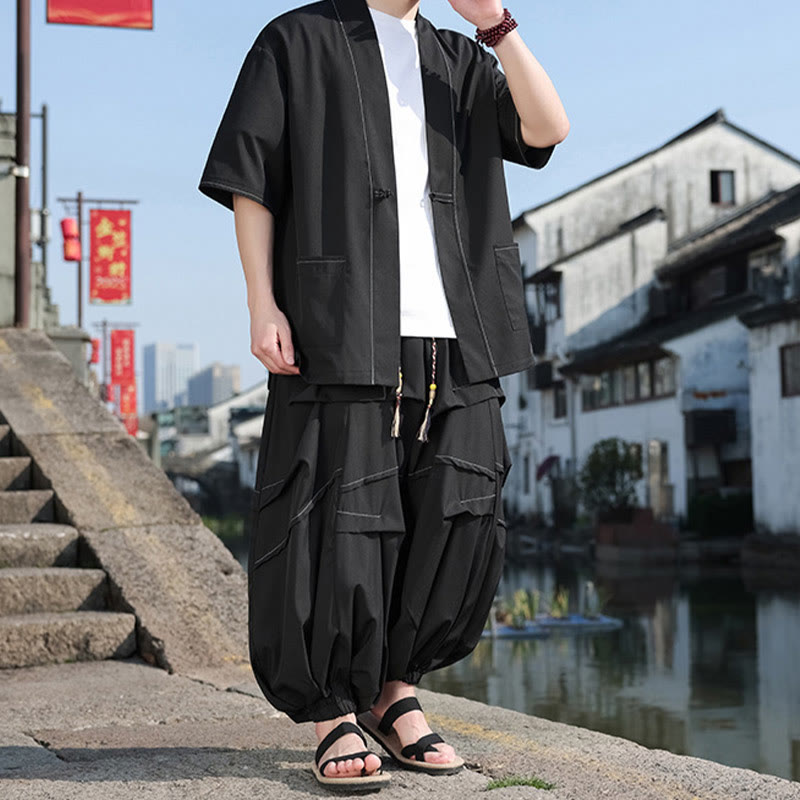 Chaqueta kimono de algodón con botones de rana negros para hombre, pantalones anchos con cordón y bolsillos, 2 Buddha Stones - image 2