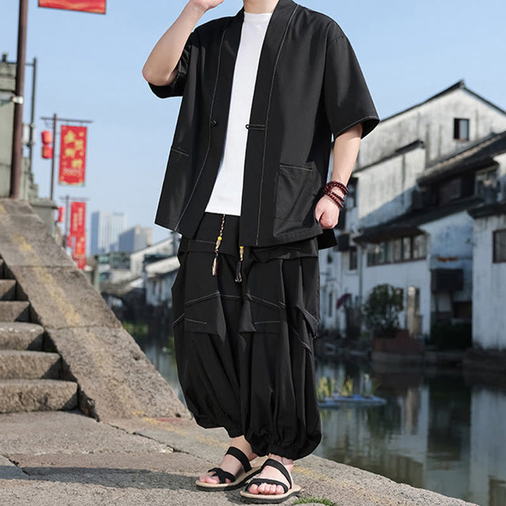 Chaqueta kimono de algodón con botones de rana negros para hombre, pantalones anchos con cordón y bolsillos, 2 Buddha Stones - image 1