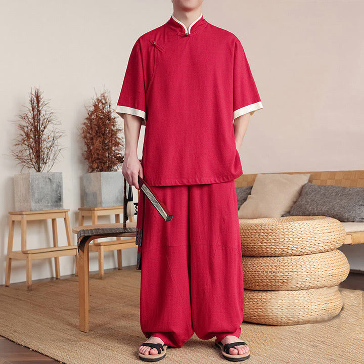 Conjunto de 2 piezas de camisa y pantalones anchos con botones de rana china para hombre con Buddha Stones y tela de meditación - image 8