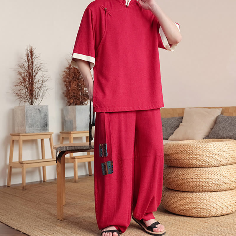 Conjunto de 2 piezas de camisa y pantalones anchos con botones de rana china para hombre con Buddha Stones y tela de meditación - image 7