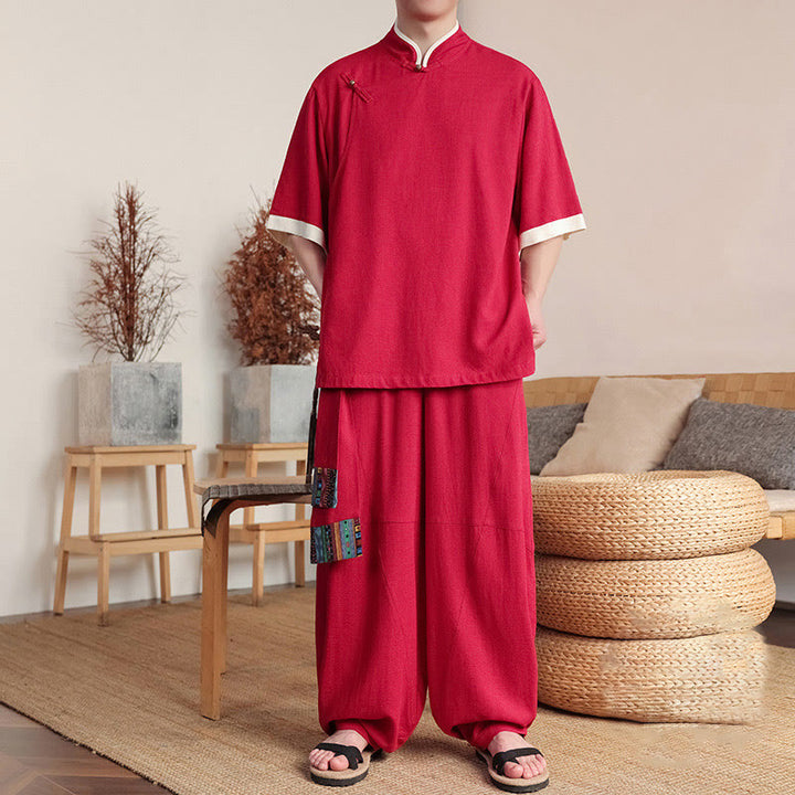 Conjunto de 2 piezas de camisa y pantalones anchos con botones de rana china para hombre con Buddha Stones y tela de meditación - Carmesí - US/UK/AU46, EU56 (5XL) - image 6