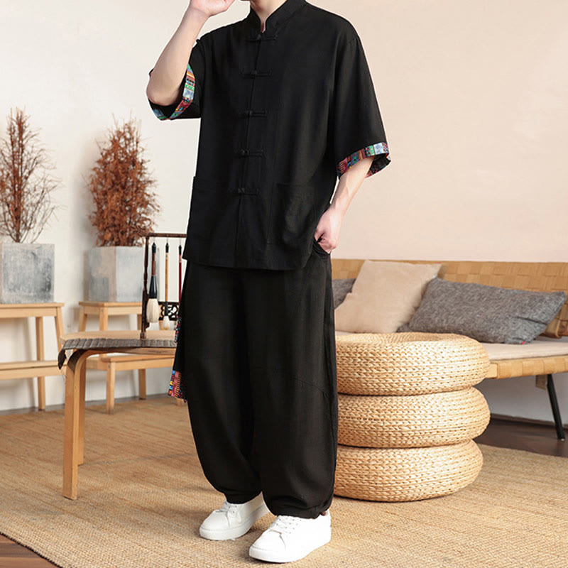 Conjunto de 2 piezas de camisa con botones de rana china y pantalones anchos de tela de meditación para hombre con bolsillos y Buddha Stones - image 15