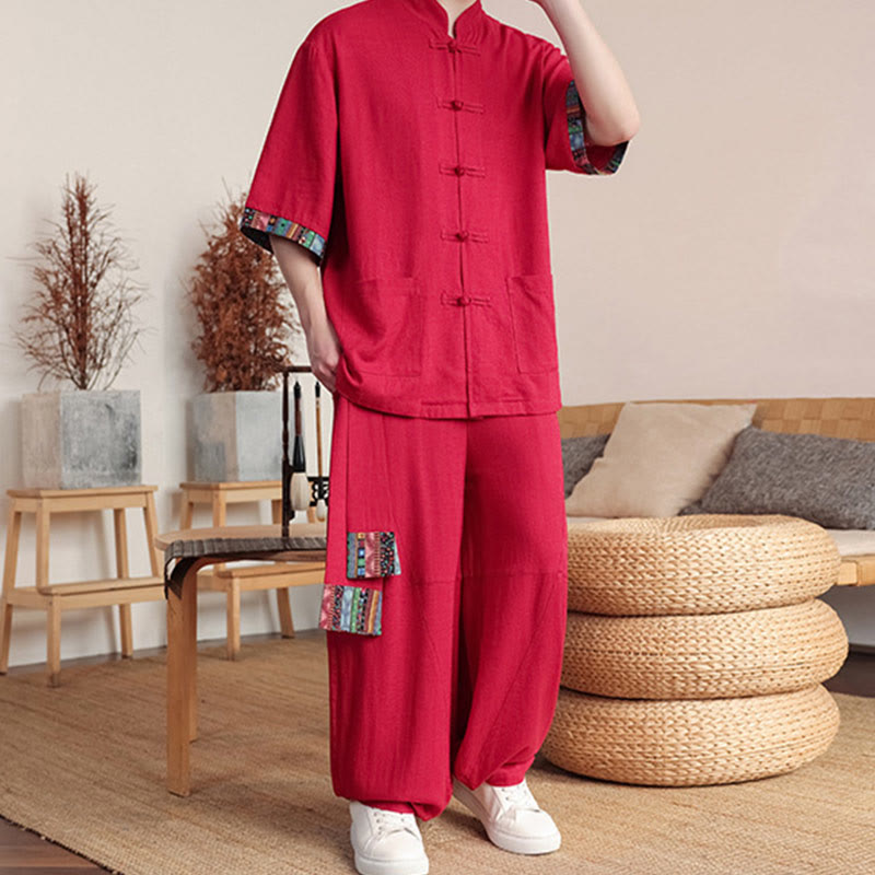 Conjunto de 2 piezas de camisa con botones de rana china y pantalones anchos de tela de meditación para hombre con bolsillos y Buddha Stones - image 25