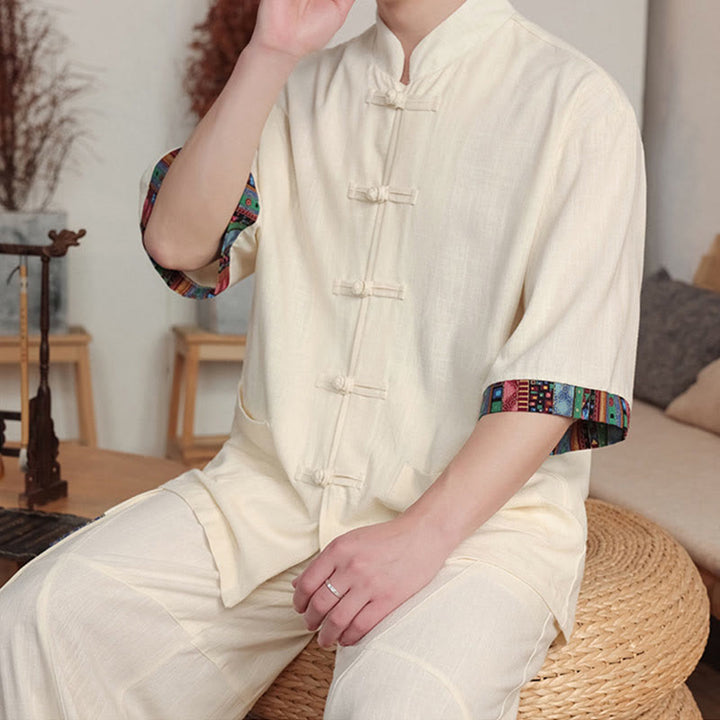 Conjunto de 2 piezas de camisa con botones de rana china y pantalones anchos de tela de meditación para hombre con bolsillos y Buddha Stones - image 8