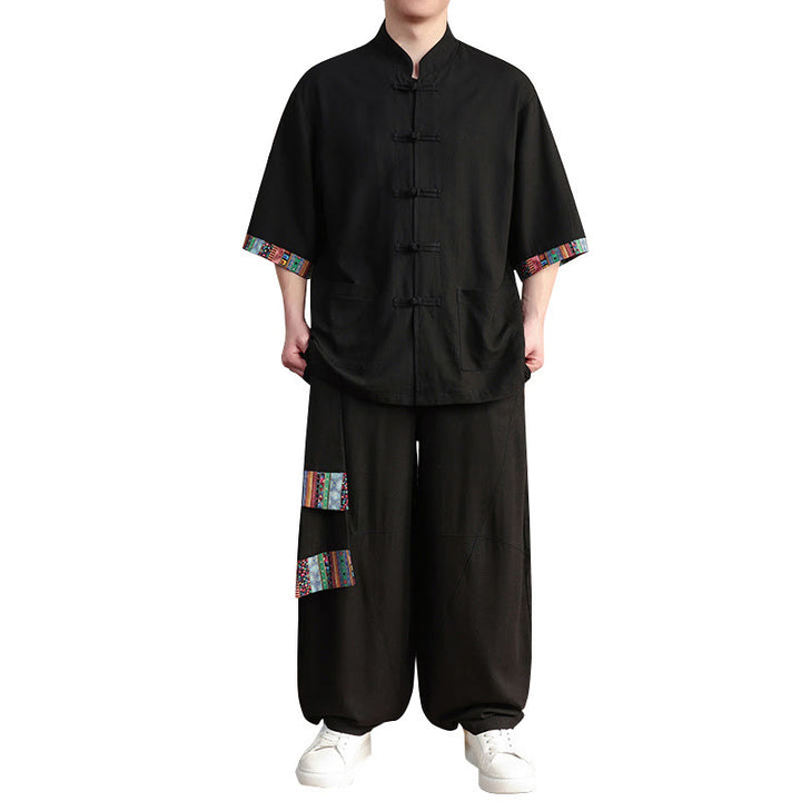 Conjunto de 2 piezas de camisa con botones de rana china y pantalones anchos de tela de meditación para hombre con bolsillos y Buddha Stones - image 18