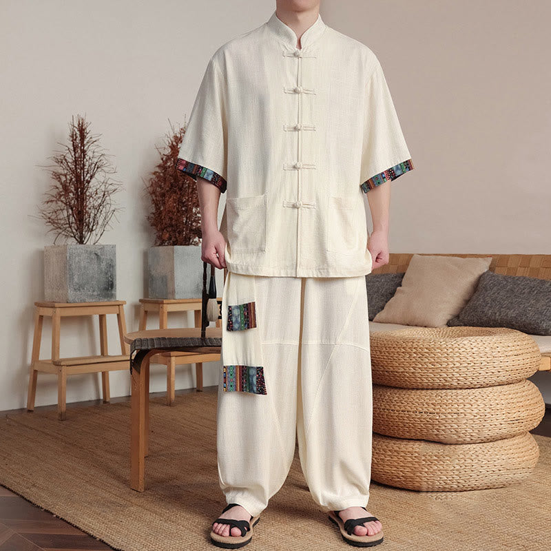 Conjunto de 2 piezas de camisa con botones de rana china y pantalones anchos de tela de meditación para hombre con bolsillos y Buddha Stones - Beige - US/UK/AU46, EU56 (5XL) - image 0